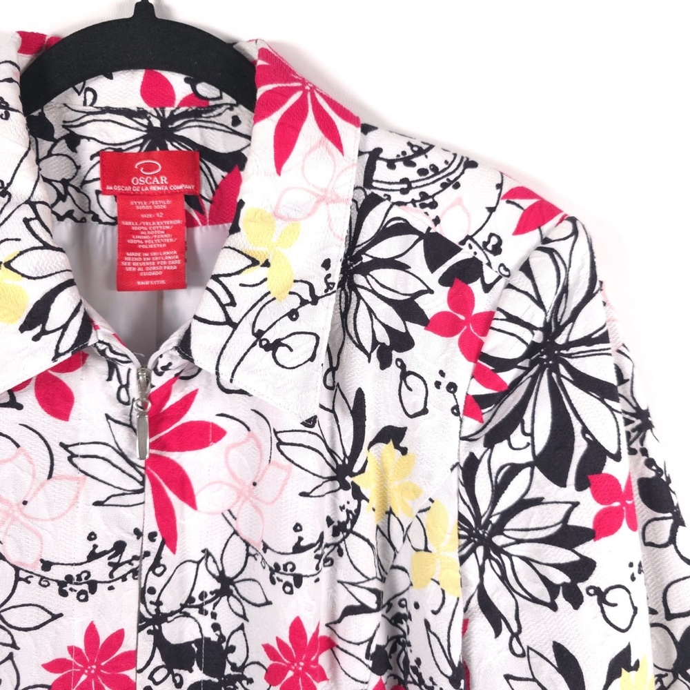 OSCAR DE LA RENTA Full Zip Floral Blazer Jacket Cotton Size 12 White Multicolor - Picture 9 of 13